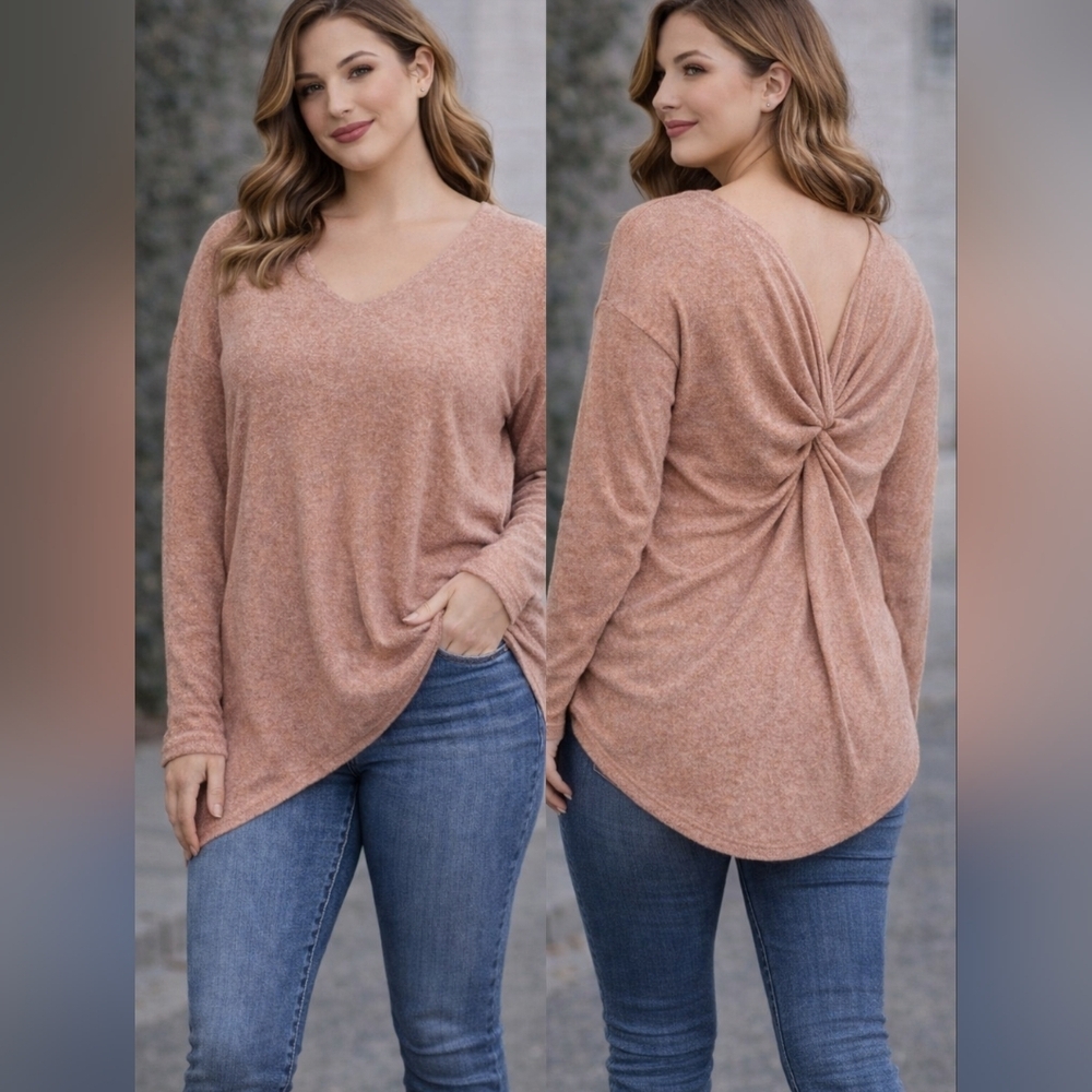 NWT Lush Dusty Pink Knot Front Top Women’s Size L Long Sleeve Draped Blouse